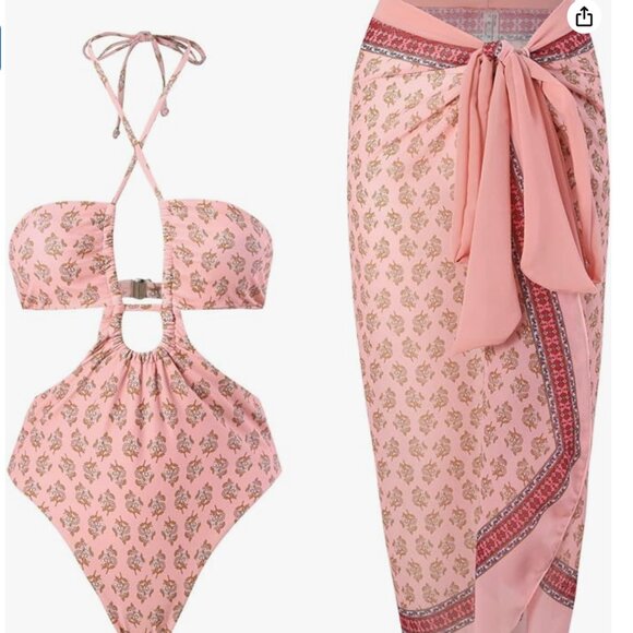 Vintage Floral Print One Piece Swimsuit with Beach Cover Up - Picture 1 of 5